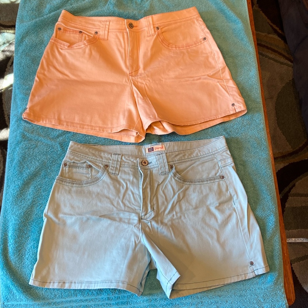 Faded Glory stretch denim shorts, size 14, peach and aqua blue.